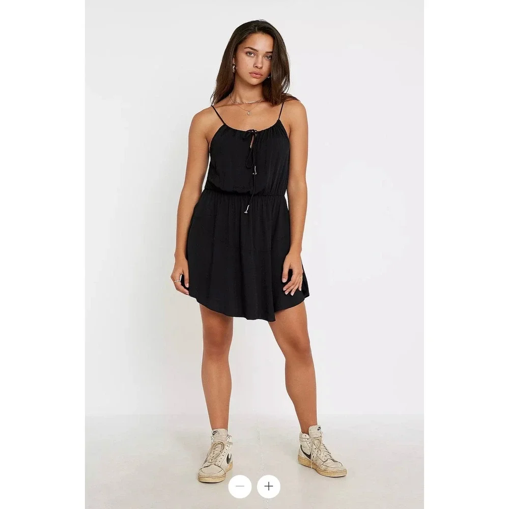 Free People Skate It Up Black Mini Dress Textured Keyhole Tie Beaded Large NWOT